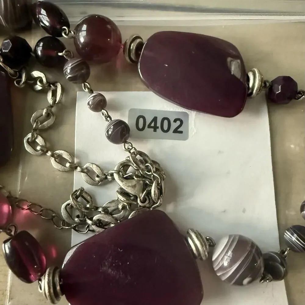 Purple‎ Beaded Necklace Silver Tone Asymmetrical Adjustable 27-30”